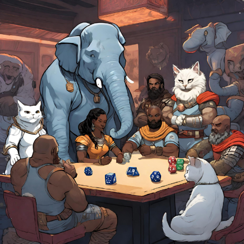 Adventurers from far off lands play dice togeter at a table inside a tavern